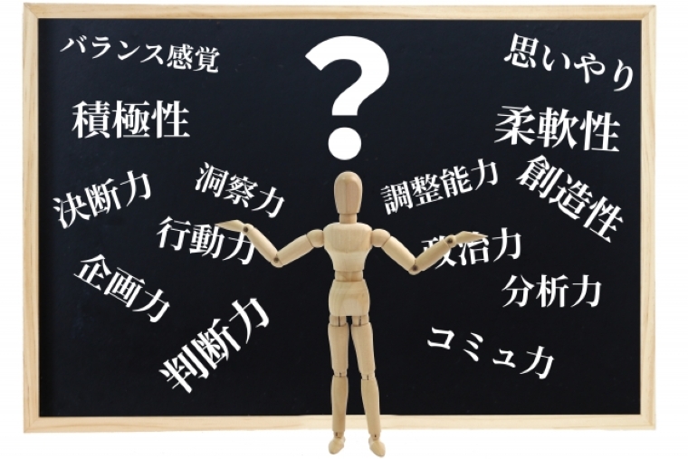 黒板の前で悩む木製人形と、周囲に並ぶさまざまな性格や能力のキーワード。営業職に向いている人の特徴や適性を表現したイメージ。