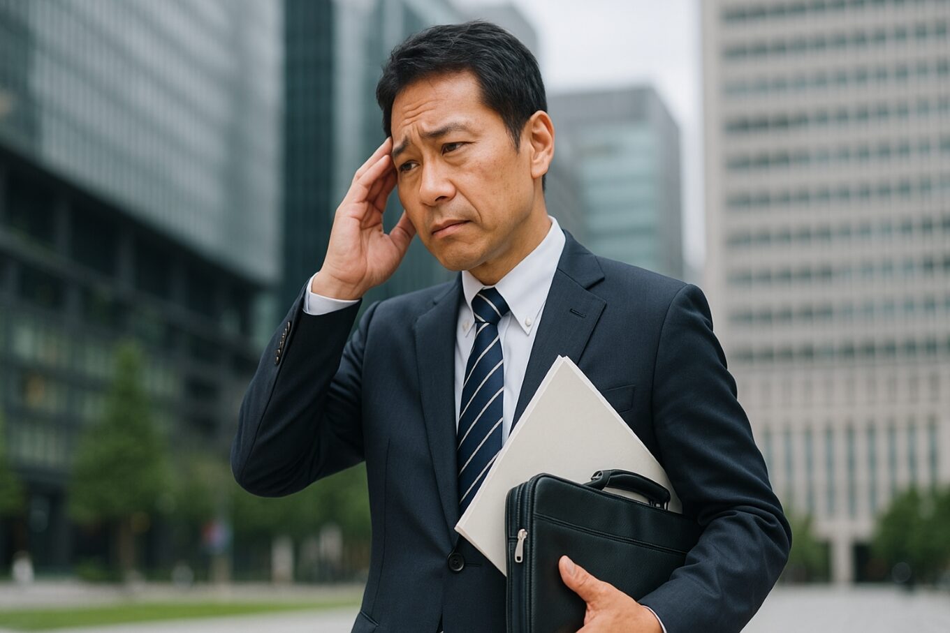 40代のスーツ姿の男性営業マンがオフィス街で悩んだ表情をしている