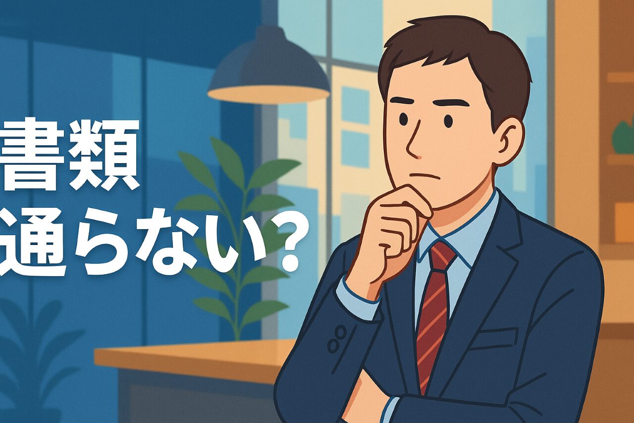 スーツ姿の40代男性営業職が真剣な表情で考えているイラストと「書類通らない？」の文字