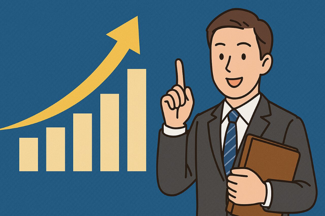 スーツ姿の営業職男性と上昇するグラフのイラスト
