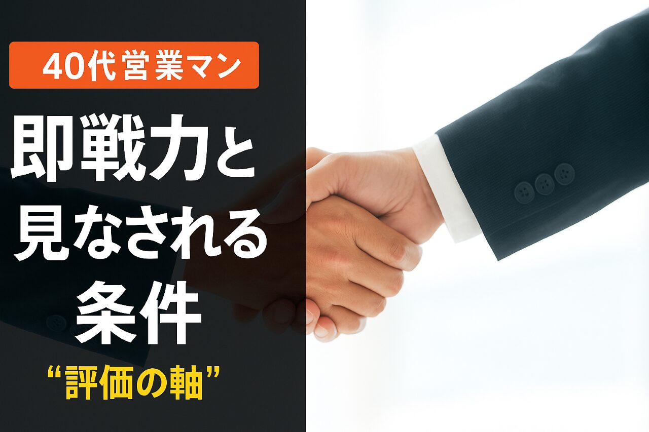 スーツ姿の営業マンの握手と「40代営業マン 即戦力と見なされる条件」というテキストが表示されたバナー画像