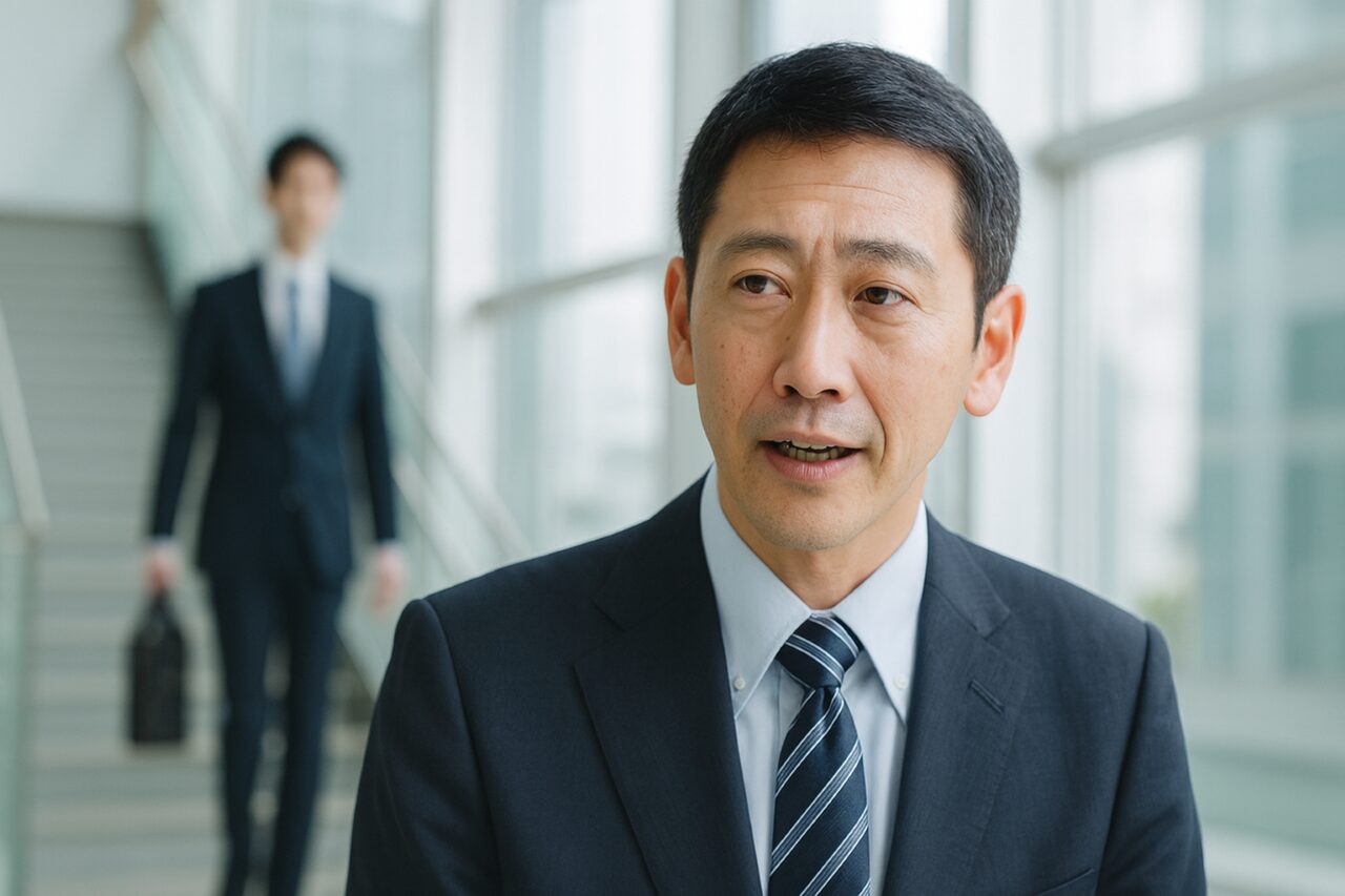 50代の男性営業マンが真剣な表情で語るビジネスシーン。背景には若い営業マンの姿も。