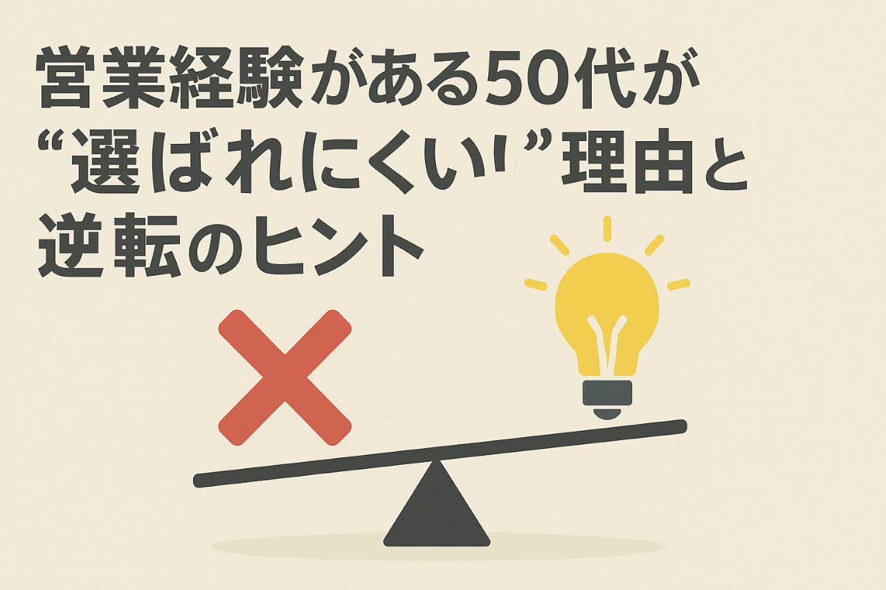 営業経験がある50代が選ばれにくい理由と逆転のヒントを象徴する、バツ印と電球が描かれた天秤のイラスト